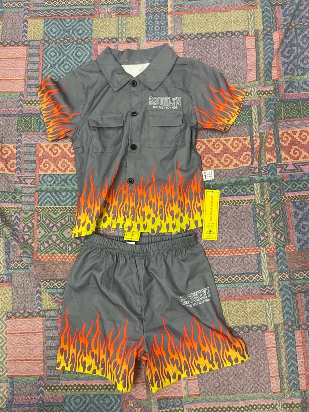 SHEIN Brooklyn Gray Shirt & Shorts Set with Orange and Yellow Flame Print